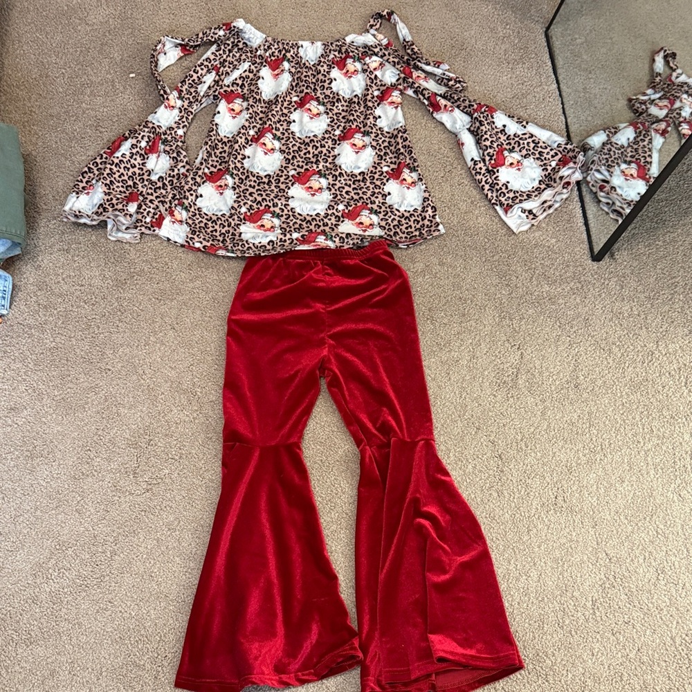 Girls Festive Santa Print Top and Red Velvet Bell Bottom Set